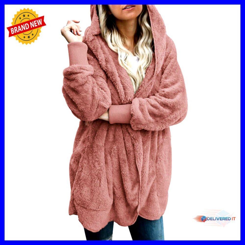 Oversized Fuzzy Fleece Hooded Cardigan Long Sleeve Open Front Cozy Outerwear